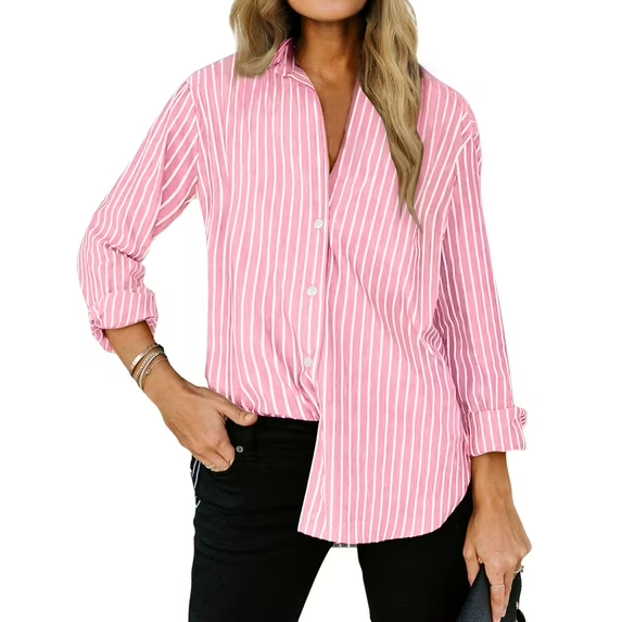 Fantaslook Striped Button Down Shirts for Women Classic Long Sleeve Collared Office Work Blouses Tops