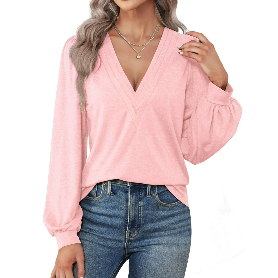Fantaslook Deep V Neck Womens Tops Fall Long Puff Sleeve Shirts Dressy Casual Tunic Blouses
