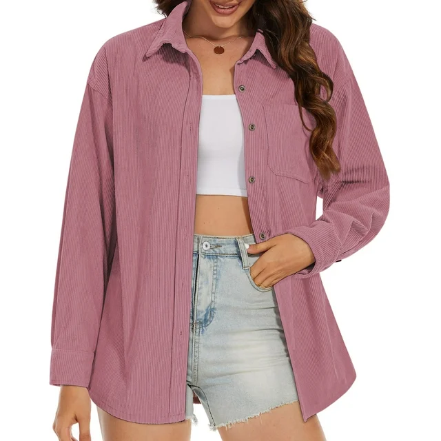 Fantaslook Women Corduroy Shirts Shacket Jacket Casual Long Sleeve Button Down Blouses Tops