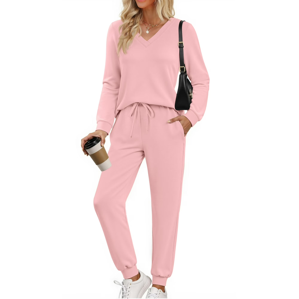 Fantaslook Two Piece Sets for Women Fall Outfits Fashion Lounge Sets V Neck Tops Long Pants Tracksuit Vacation Travel Outfits