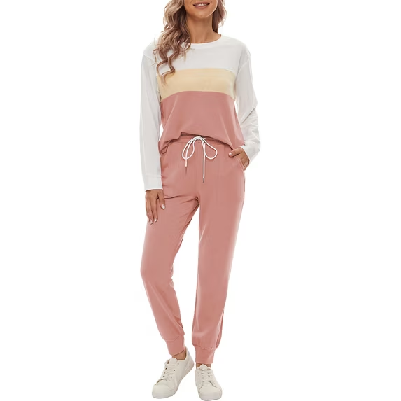 Fantaslook Womens Color Block Pajamas Crewneck Long Sleeve Lounge Sets Casual Jogger Outfits with Pockets