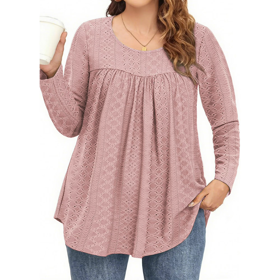 Fantaslook Plus Size Tops For Women Eyelet Long Sleeve Tunic Blouse Crew Neck Pleated Curved Hem Shirts