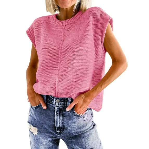Fantaslook Cap Sleeve Sweaters for Women Casual Crew Neck Loose Knit Lightweight Sweater Vest Pullover Tops