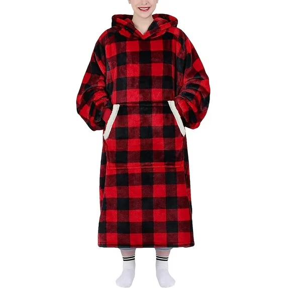 Fantaslook Oversized Wearable Blanket Hoodie, Long Flannel Sherpa Fleece Blanket Hoodie Sweatshirt for Adults Women Men, Plush Blanket with Hood, Pocket & Sleeves