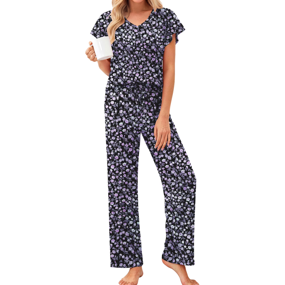 Fantaslook Flower Womens Pajamas Sets Two Piece Casual Lounge Sets Ruffle Sleeve Tops Wide Leg Pants with Pockets Summer Sleepwear Travel Outfits
