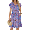 Fantaslook Women Summer Dresses V Neck Ruffle Sleeve Casual Flowy Sundresses Button Floral Midi Dress with Pockets