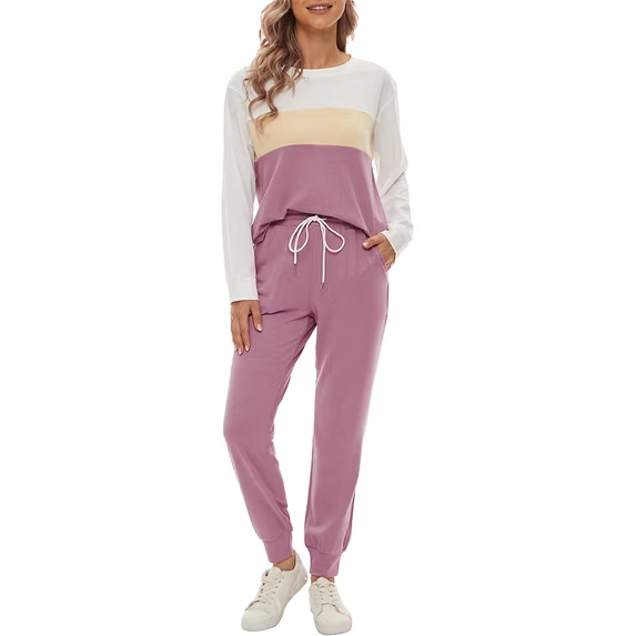 Fantaslook Womens Color Block Pajamas Crewneck Long Sleeve Lounge Sets Casual Jogger Outfits with Pockets