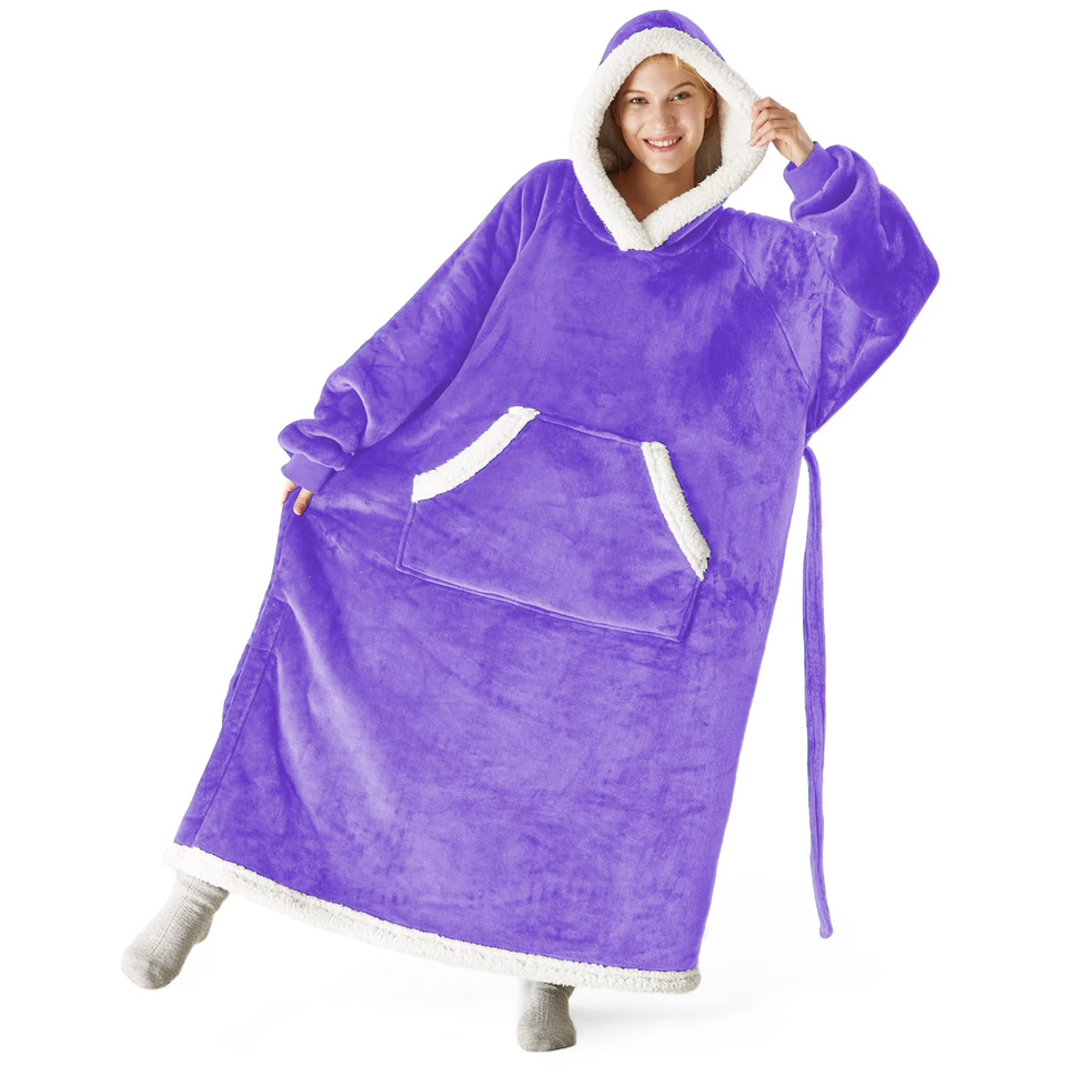 Fantaslook Oversized Wearable Blanket Hoodie, Long Flannel Sherpa Fleece Blanket Hoodie Sweatshirt for Adults Women Men, Plush Blanket with Hood, Pocket & Sleeves