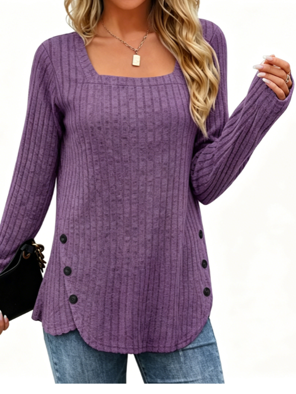 Fantaslook Square Neck Tops for Women Long Sleeve Dressy Blouses Button Side Tunic Shirts