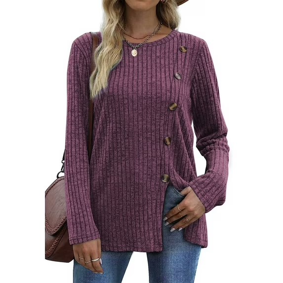 Fantaslook Blouses for Women Long Sleeve Crew Neck Tunic Tops Buttons Side Fall Shirts