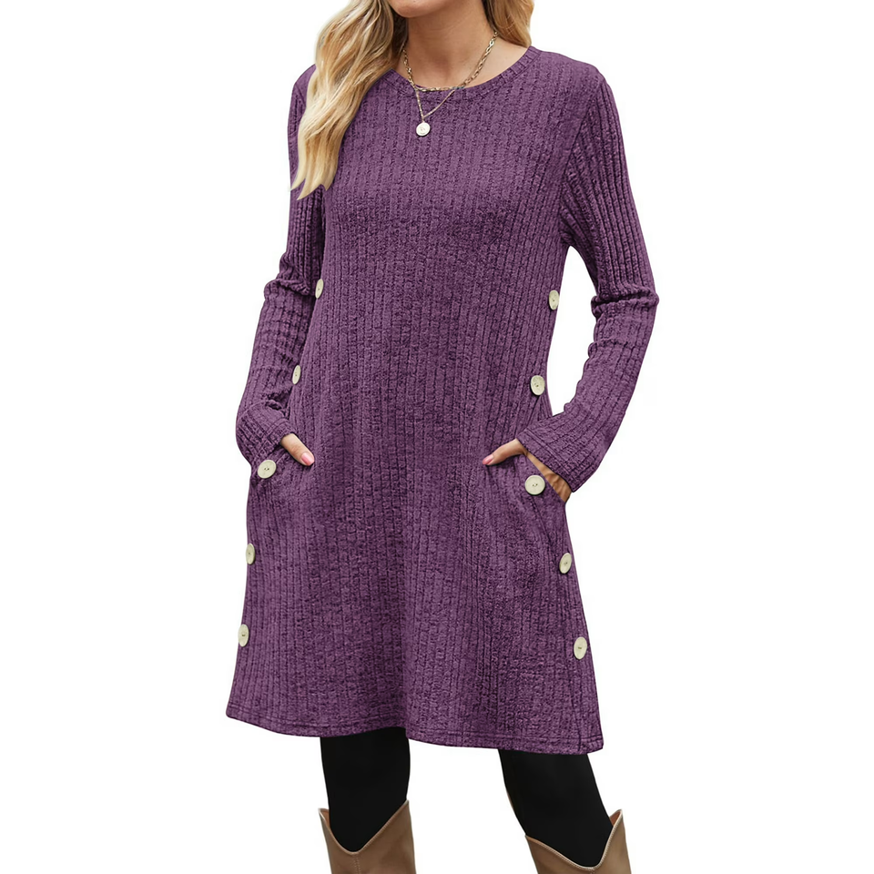 Fantaslook Long Sleeve Womens Dresses Crew Neck Buttons Tunic Dress with Pockets