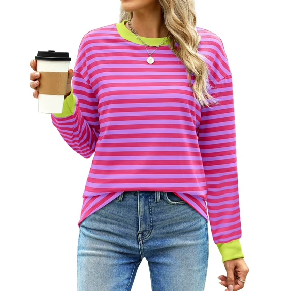 Fantaslook Striped Long Sleeve Shirts for Women Crewneck Tunic Tops Color Block Blouses Fall Pullover