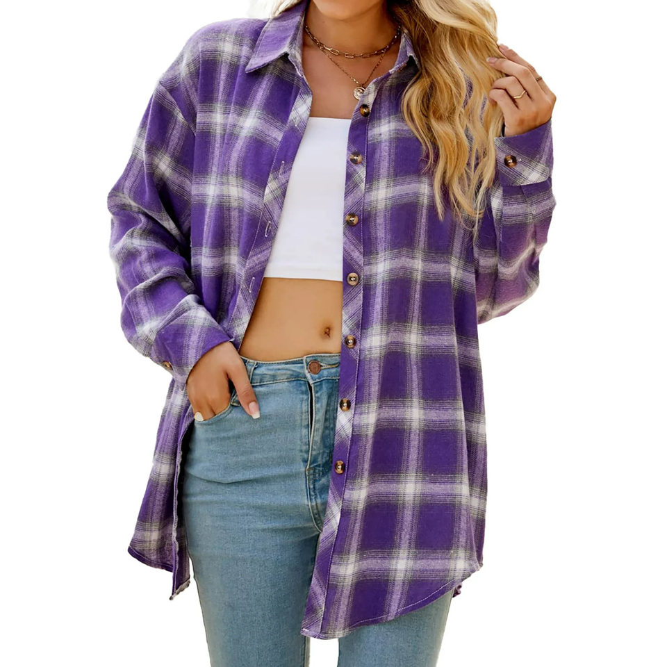 Fantaslook Plaid Flannel Shirts for Women Oversized Long Sleeve Button Down Shirts Blouses Tops