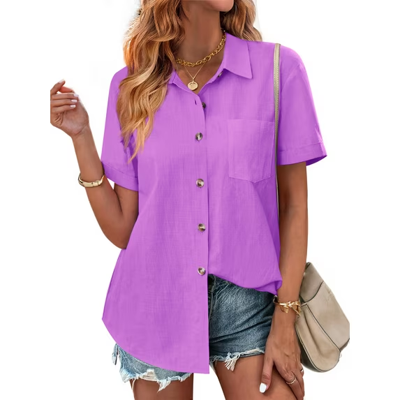 Fantaslook Womens Button Down Shirts Lapel Short Sleeve Shirt Collared Pocketed Casual Blouses Summer Tops
