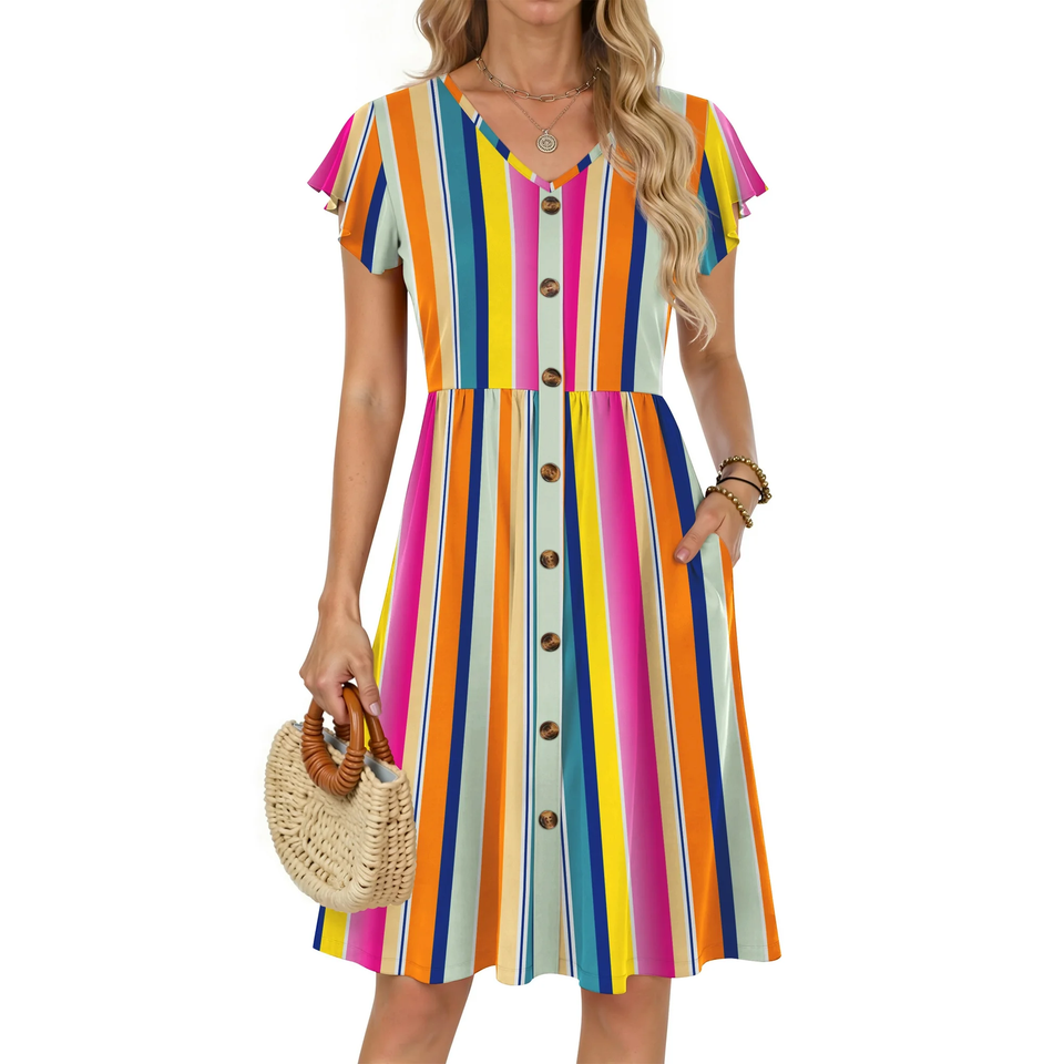 Fantaslook Women Summer Dresses V Neck Ruffle Sleeve Casual Flowy Sundresses Button Floral Midi Dress with Pockets