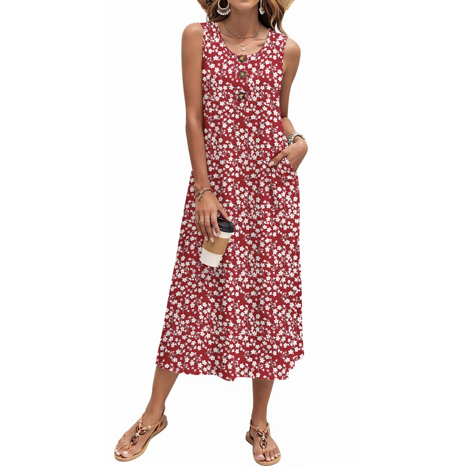 Fantaslook Long Tank Dresses for Women Summer Sleeveless Button Down Dress Casual Loose Beach Vacation Sundress