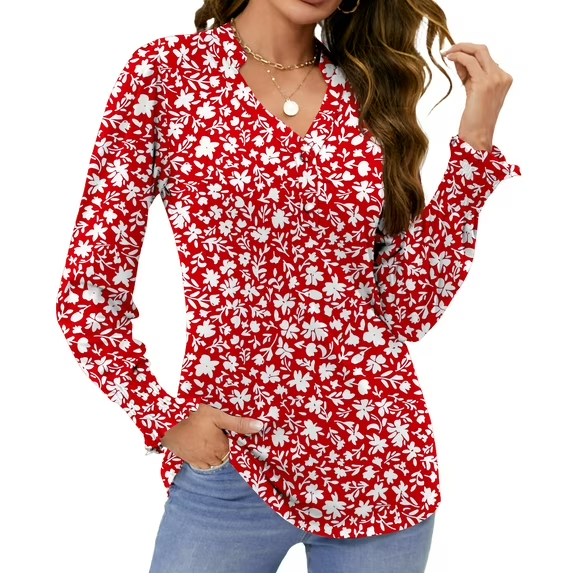 Fantaslook Womens Tops Dressy Blouses V Neck Puff Long Sleeve Tunic Tops Button Fall Shirts