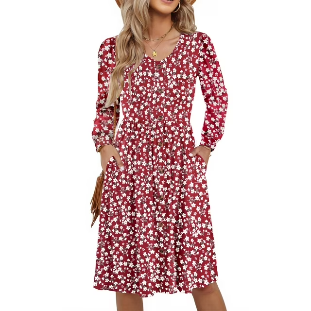 Fantaslook Long Sleeve Dresses for Women V Neck Casual Fall Dress Button Floral Midi Dresses with Pockets
