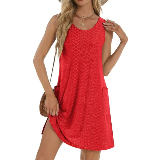 Fantaslook Eyelet Summer Dresses for Women Casual Loose Sleeveless Sundresses Beach Tank Dresses with Pockets