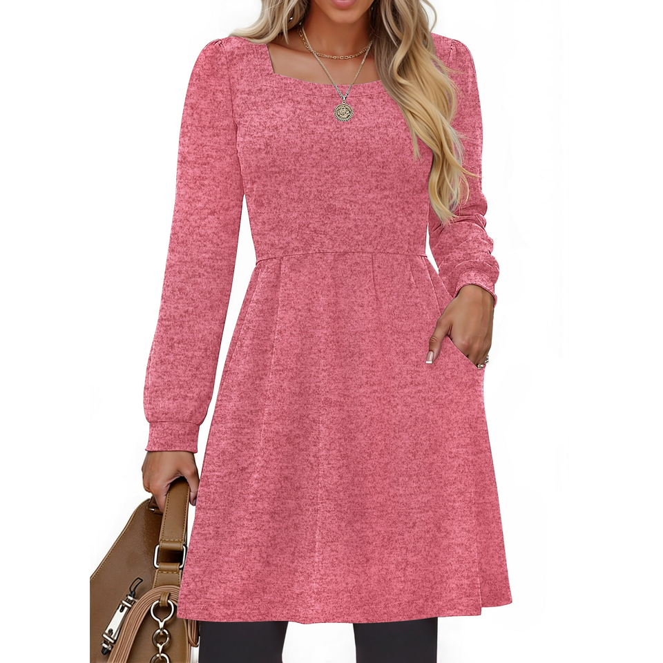 Fantaslook Square Neck Long Sleeve Dresses for Women Casual Trendy Sweater Dress with Pockets
