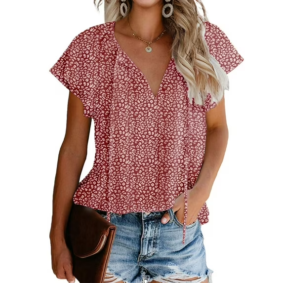 Fantaslook Blouses for Women Floral Boho Summer Tops V Neck Short Sleeve Shirts
