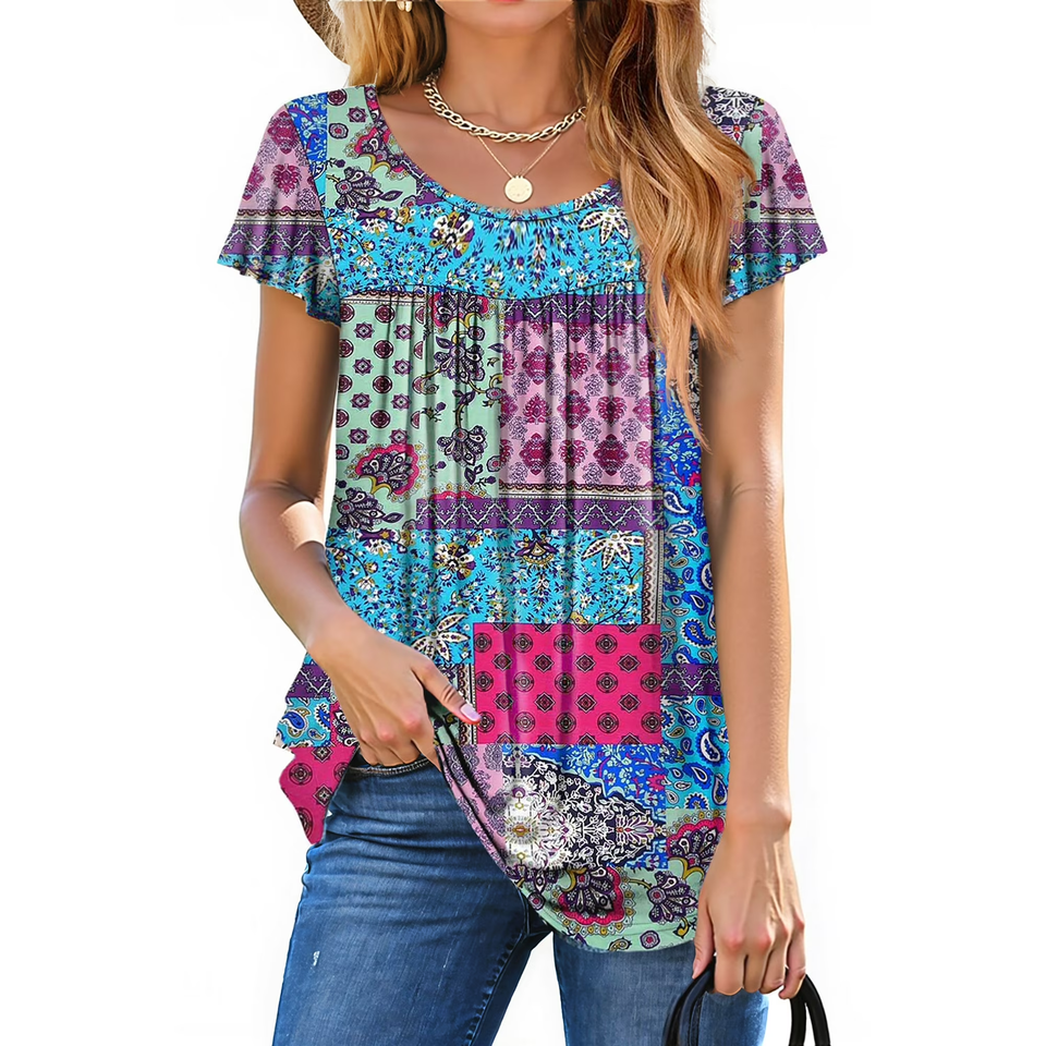Fantaslook Womens Blouses Dressy Casual Pleated Tunic Tops Floral Ruffle Sleeve Summer Shirts