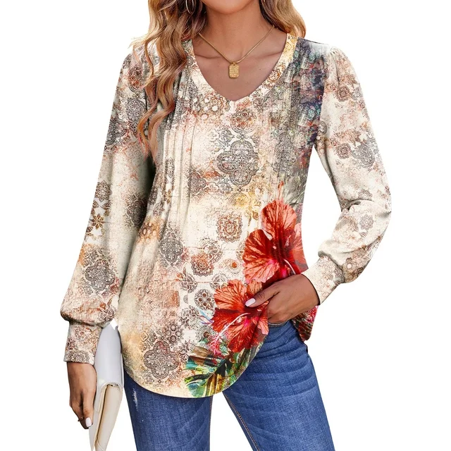 Fantaslook Long Sleeve Shirts for Women Fall Tops Dressy Casual Blouses Pleated V Neck Tunic Tops