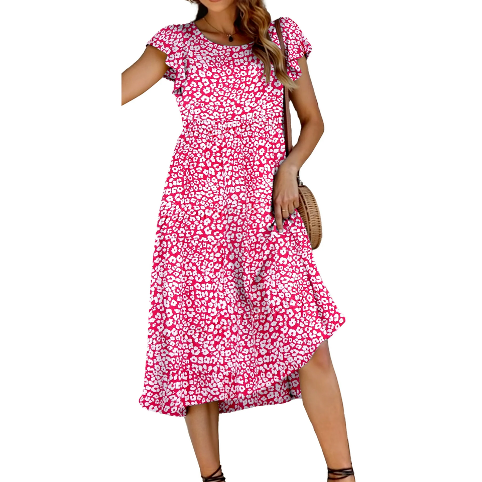 Fantaslook Dresses for Women Summer Casual Boho Dress Floral Print Ruffle Sleeve Midi Beach Dresses