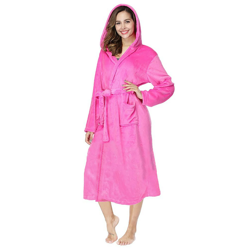 Fantaslook Womens Long Robes Plush Fleece Hooded Bathrobe with Pockets Fluffy Nightgown Sleepwear