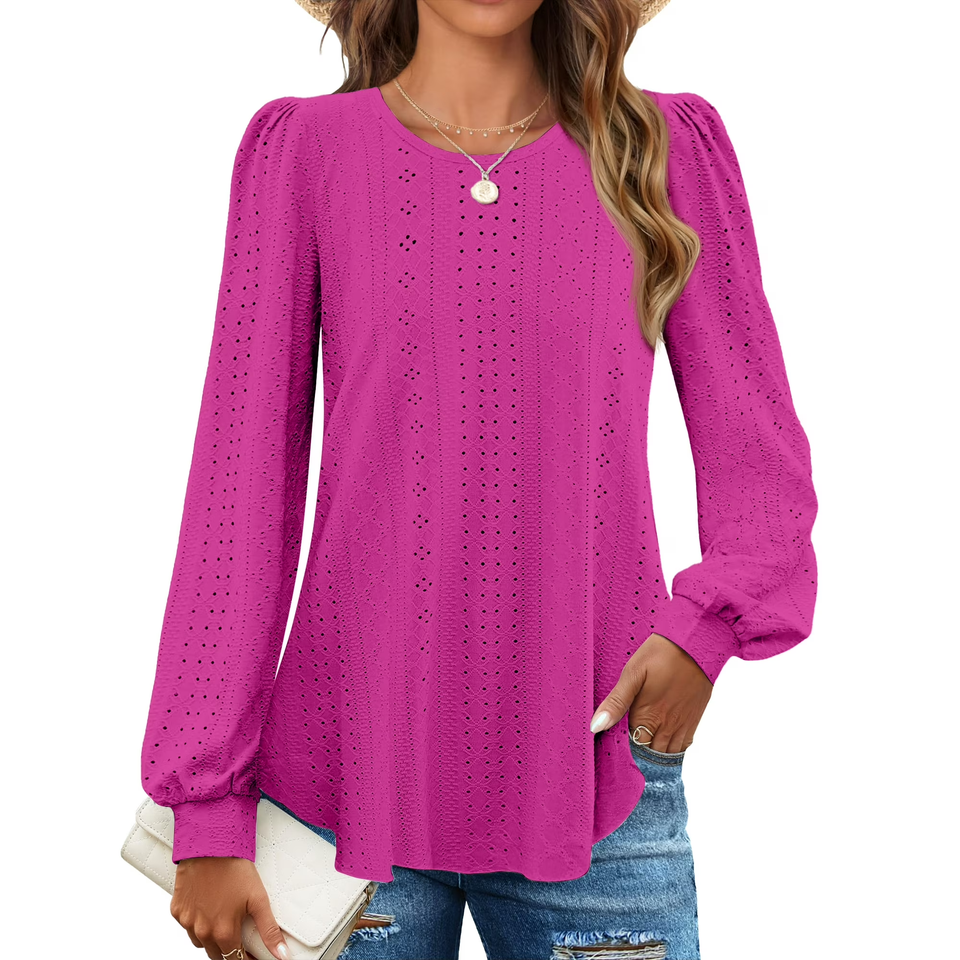 Fantaslook Eyelet Blouses for Women Dressy Casual Long Sleeve Shirts Crew Neck Fall Trendy Tops