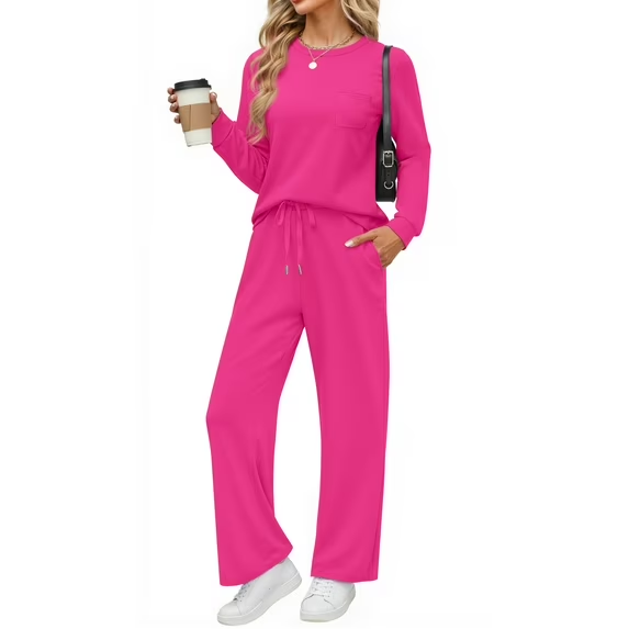 Fantaslook Two Piece Lounge Sets for Women Fall Outfits Long Sleeve Tops Wide Leg Pants Matching Sets Vacation Travel Outfits