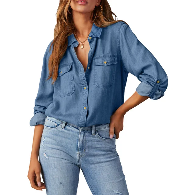 Fantaslook Women Button Down Denim Shirts Collared Casual Long Sleeve Blouses Tops with Pockets