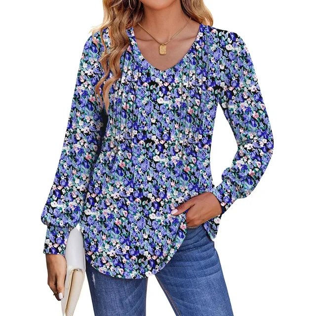 FANTASLOOK LONG SLEEVE SHIRTS FOR WOMEN FALL TOPS DRESSY CASUAL BLOUSES PLEATED V NECK TUNIC TOPS