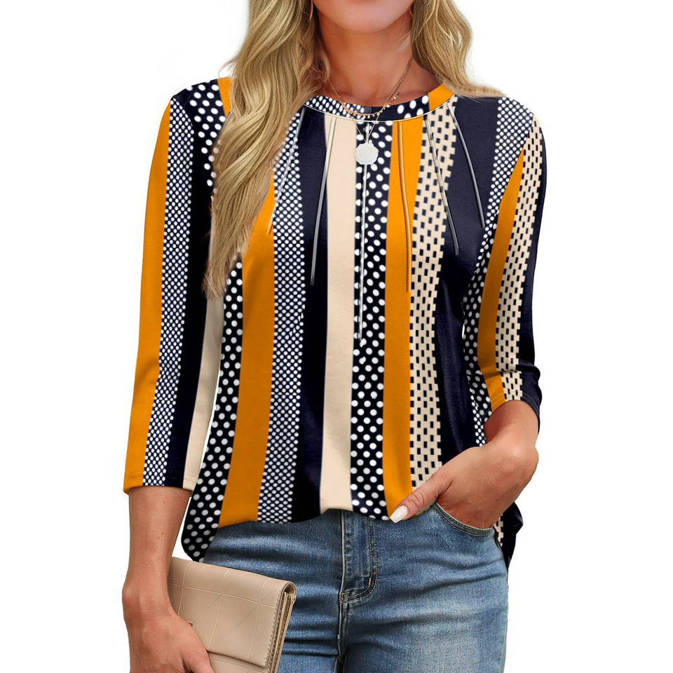 Fantaslook Womens Plus Size Tops 3/4 Sleeve Pleated Dressy Blouses Crew Neck Casual Tunic Tops Summer Shirts
