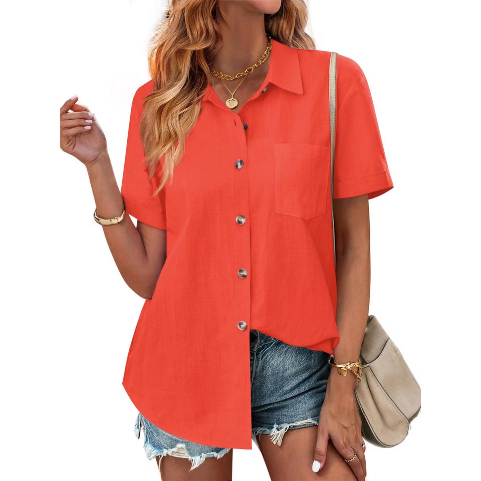 Fantaslook Womens Button Down Shirts Lapel Short Sleeve Shirt Collared Pocketed Casual Blouses Summer Tops