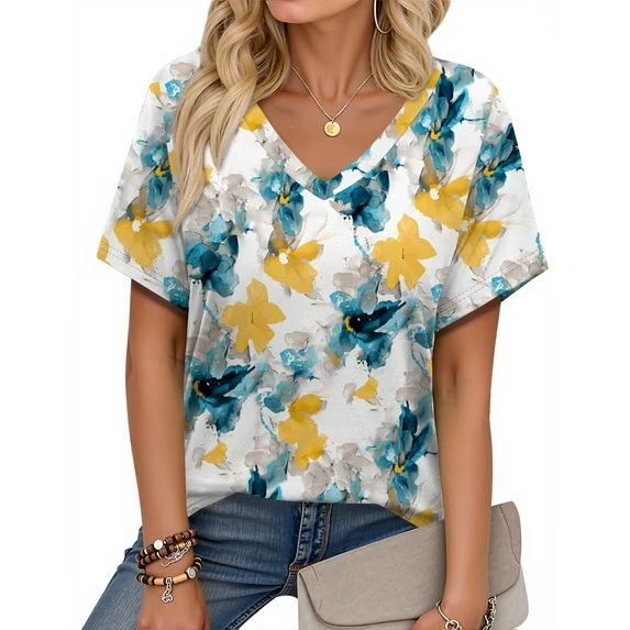 Fantaslook V Neck T Shirts for Women Floral Summer Tops Short Sleeve Shirts Casual Tunic Tops
