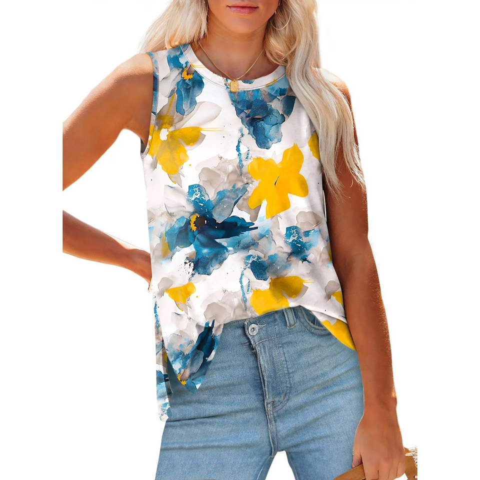 Fantaslook Womens Tank Tops Crewneck Casual Summer Side Split Sleeveless Shirts Floral Blouses