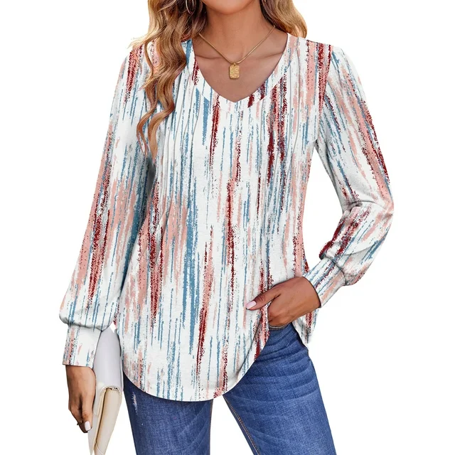 FANTASLOOK LONG SLEEVE SHIRTS FOR WOMEN FALL TOPS DRESSY CASUAL BLOUSES PLEATED V NECK TUNIC TOPS