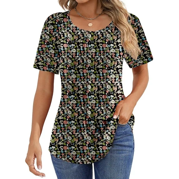 Fantaslook Blouses for Women Pleated Short Sleeve Tunic Tops Dressy Casual Summer Shirts