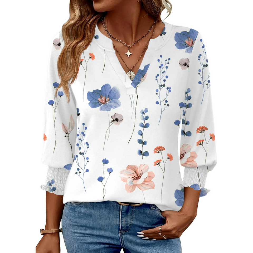 Fantaslook 3/4 Sleeve Womens Tops Dressy Casual Blouses V Neck Work Shirts Trendy Tops with Smocked Cuffs