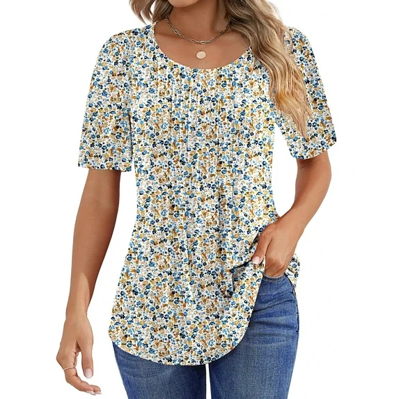 Fantaslook Blouses for Women Pleated Short Sleeve Tunic Tops Dressy Casual Summer Shirts