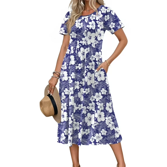 Fantaslook Summer Dresses for Women Casual Short Sleeve Pleated Dress Flowy Floral Dress with Pockets Flare Midi Sundress