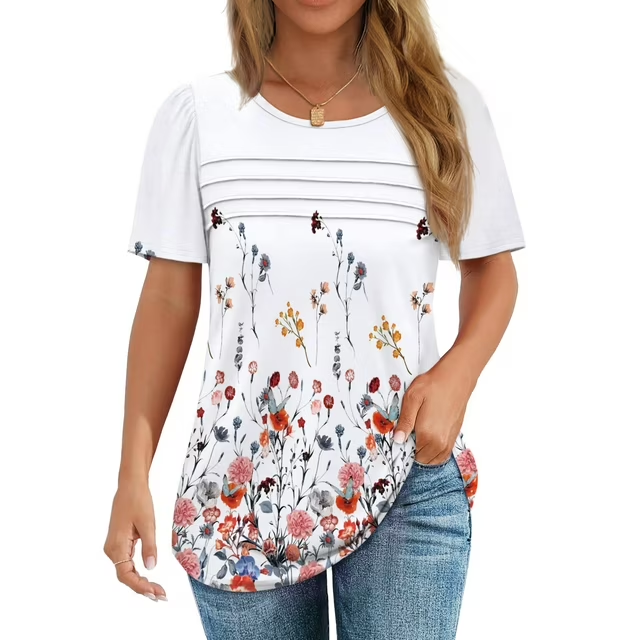 Fantaslook Women Blouses Dressy Casual Summer Short Sleeve Shirts Crew Neck Pleated Tunic Tops