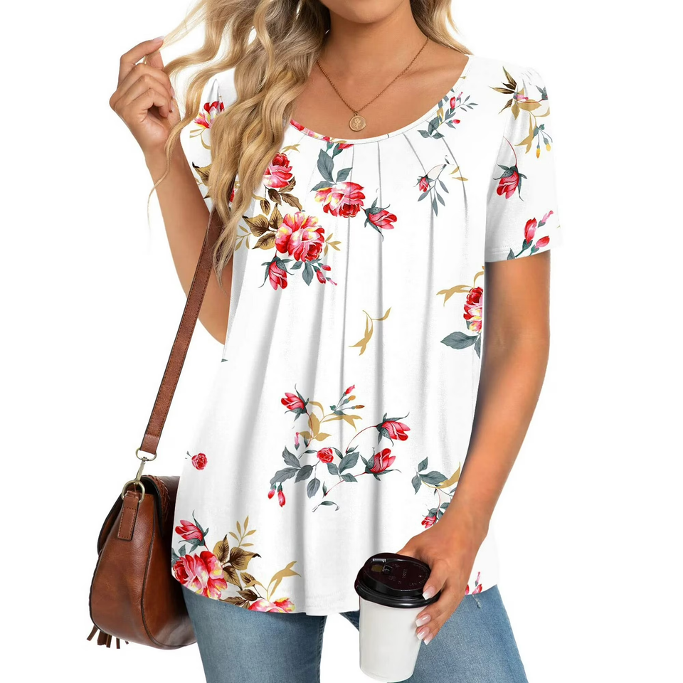 Fantaslook Dressy Blouses for Women Pleated Short Sleeve Tunic Tops Casual Floral Shirts