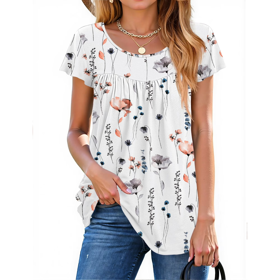 Fantaslook Womens Blouses Dressy Casual Pleated Tunic Tops Floral Ruffle Sleeve Summer Shirts