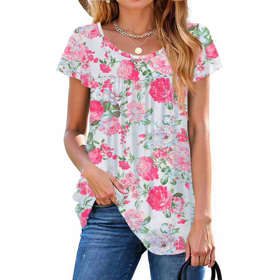 Fantaslook Womens Blouses Dressy Casual Pleated Tunic Tops Floral Ruffle Sleeve Summer Shirts