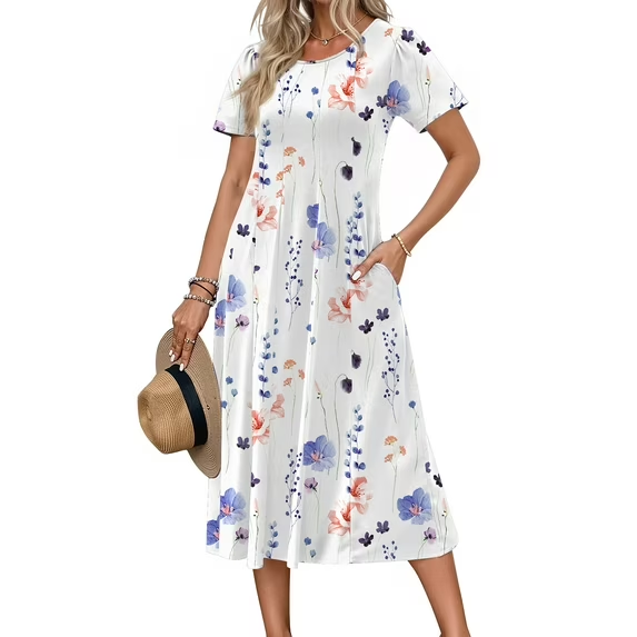 Fantaslook Summer Dresses for Women Casual Short Sleeve Pleated Dress Flowy Floral Dress with Pockets Flare Midi Sundress