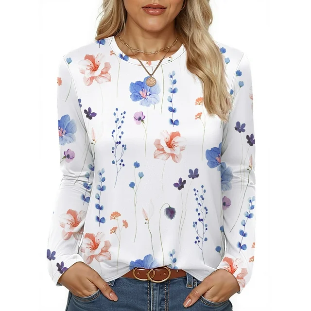 Fantaslook Women Tunic Tops Casual Long Sleeve Shirts Crew Neck Fall Tops Basic Tees Floral Dressy Blouses