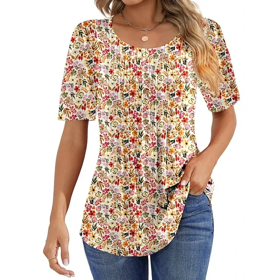 Fantaslook Blouses for Women Pleated Short Sleeve Tunic Tops Dressy Casual Summer Shirts