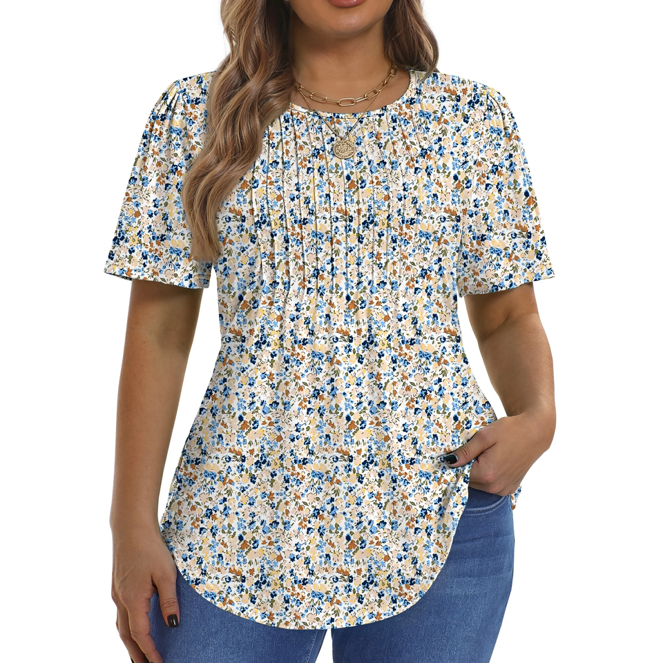 Fantaslook Blouses for Women Pleated Short Sleeve Tunic Tops Dressy Casual Summer Shirts